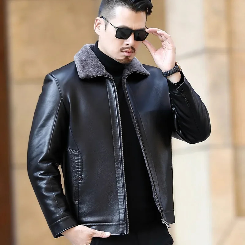 Mens Fur One Casual Thickened Motorcycle Jacket Fashion Leather Male Plus Cashmere Sheep Short Coat 250109Z