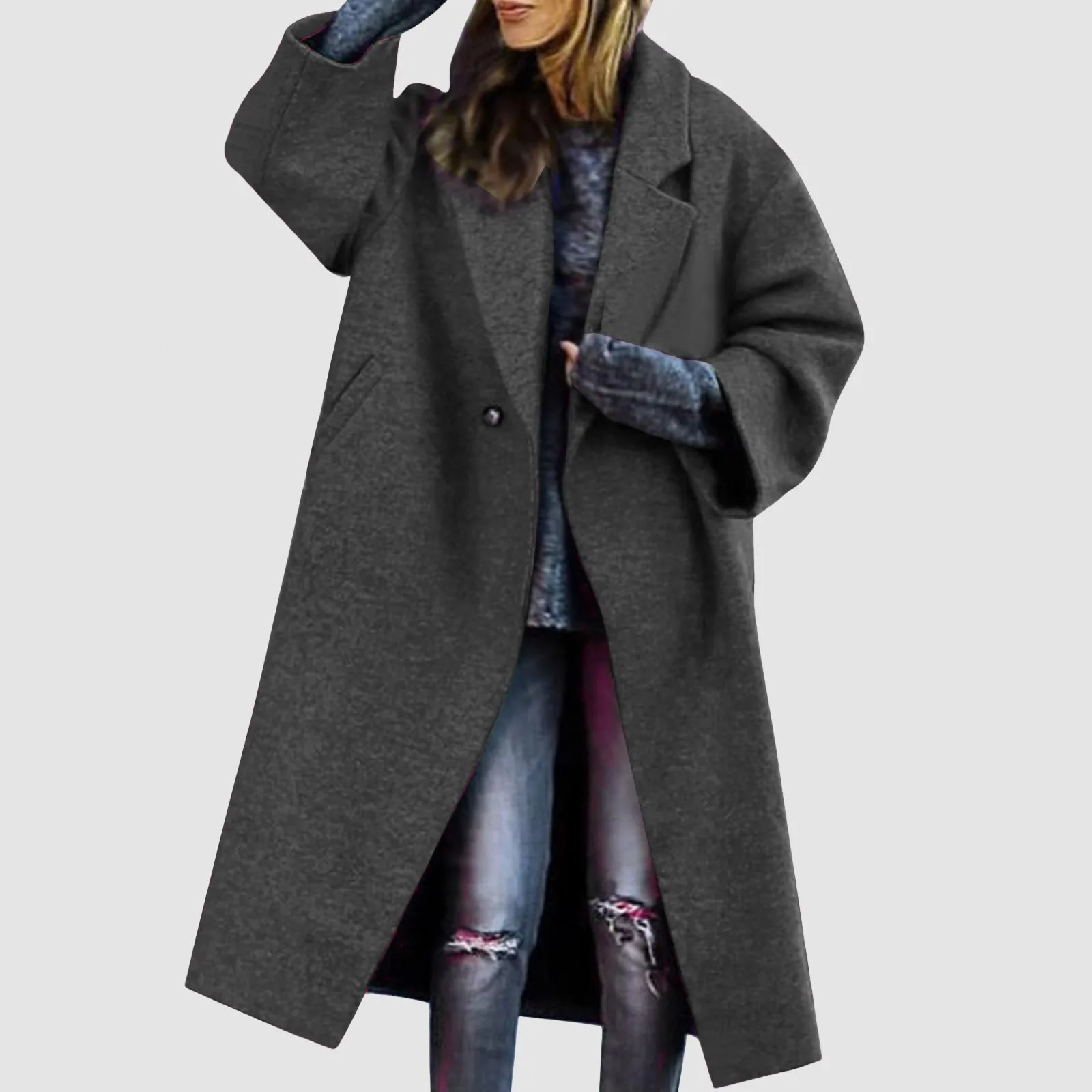 Womens Winter Double Button Midi Long Wool Coat Temperament Commuting Notch Lapel Loose Dressy Casual Winter Green Trench Coat 250118