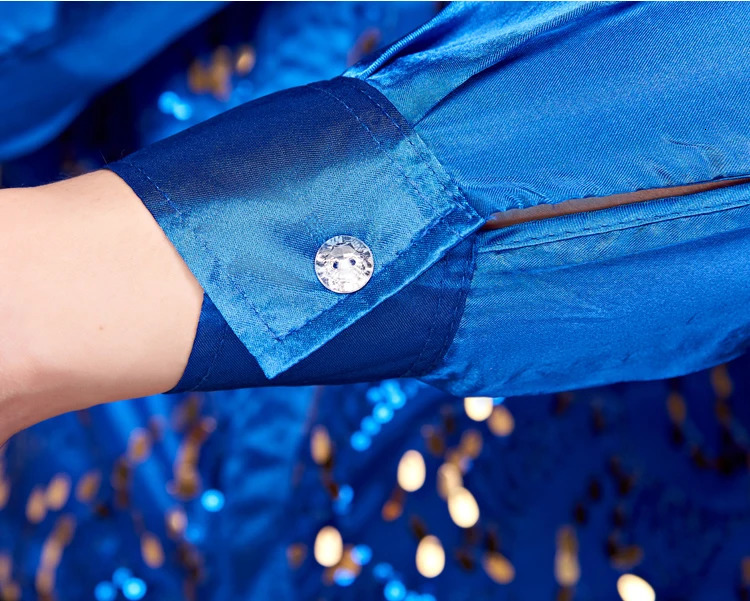Sparkling Royal Blue sequined satin mens dress long sleeved slim fit sparkling nightclub shirt mens party stage dance choir chemistry 250110
