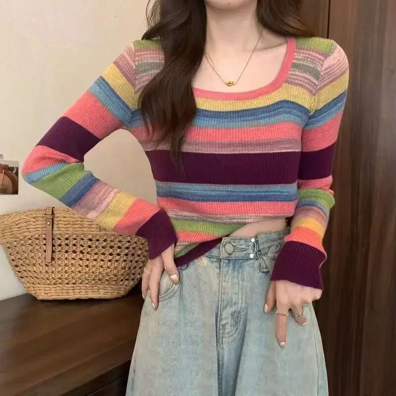 New Spring And Autumn Rainbow Stripe Square Collar Colorful Long Sleeve Base T-shirt For Women Inner Collar Knitted Top Thin Designer T-shirt