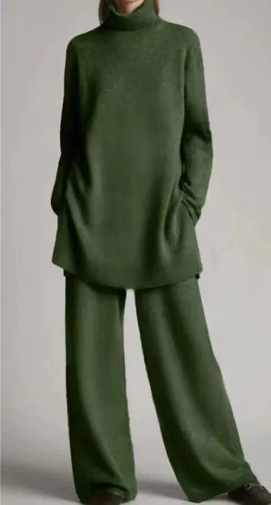 Thin spring Solid Color long Pants Set Loose Turtleneck Pullover Wide Legs Trousers Two Piece Female Casual Suit 250109