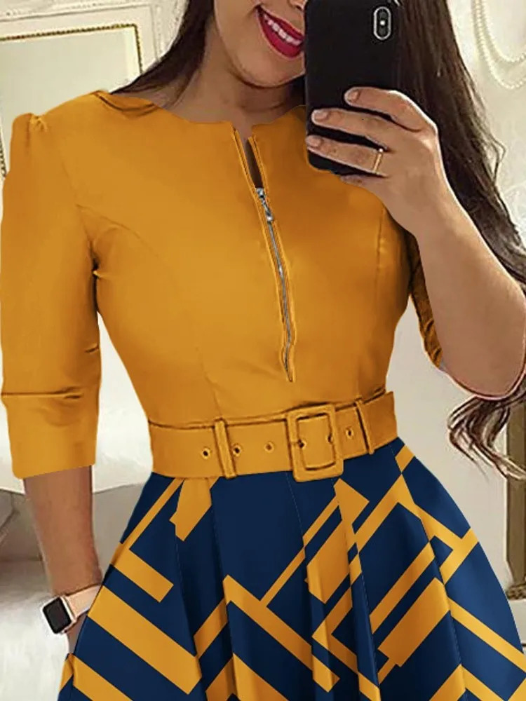 Casual Oneck Long Sleeve Dress Office Lady Spring Autumn Fashion Elegant Striped Print Pleated Dresses For Women 2023 Female 250109