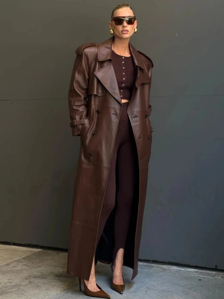 ZBZA Womens Double-breasted Lace-up Faux Leather Trench Coat Retro Double Pockets Solid Loose Belted Overcoat Fall Winter Coat 250118
