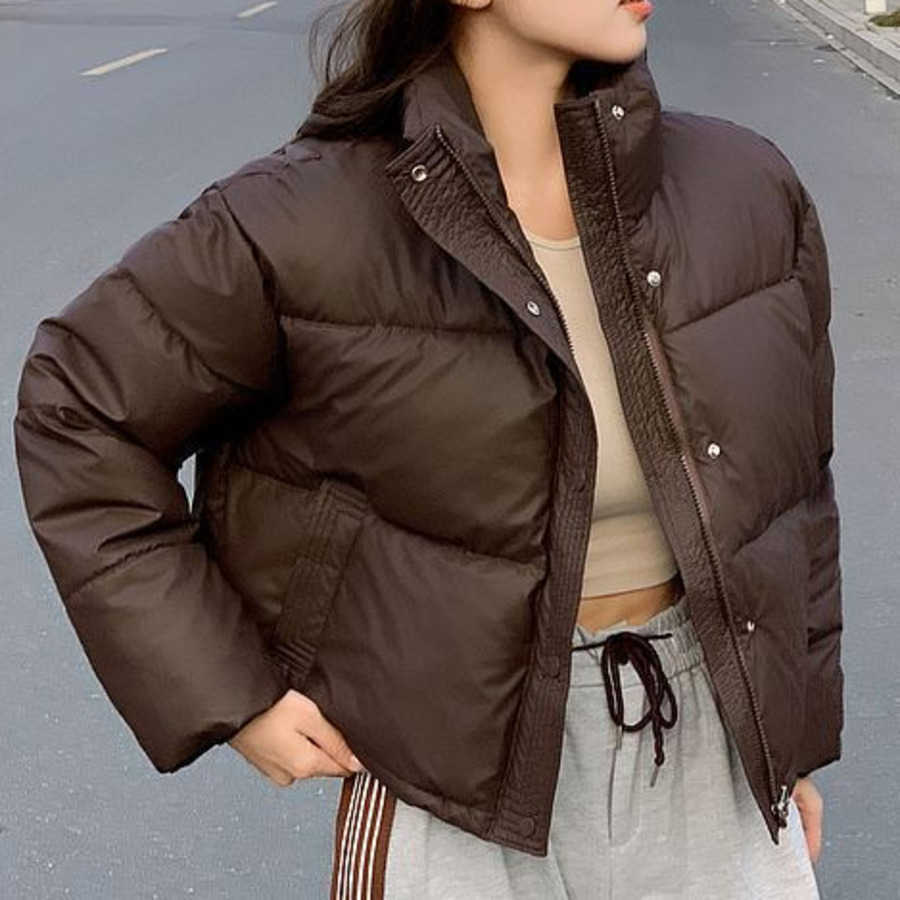 No Wash Pu Leather Stand Collar Short Cotton Jacket for Women Cotton Season Loose New Small Bread Thick Coat Women Jackets Coat Woman Fur 241209