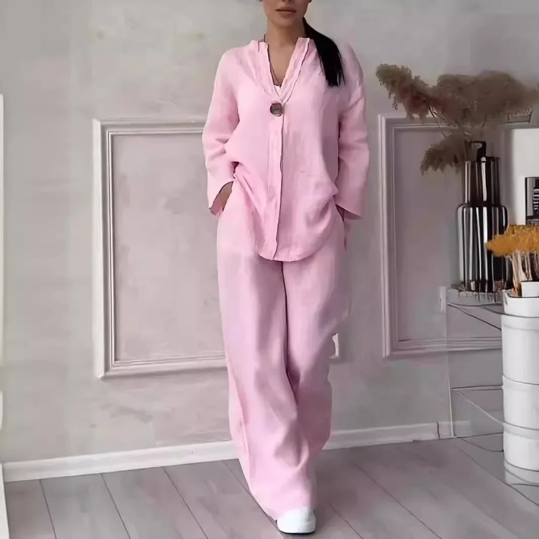 Womens Cotton and Linen Pants Suit Casual Solid Color Pullover 2piece Set White Pink 250109