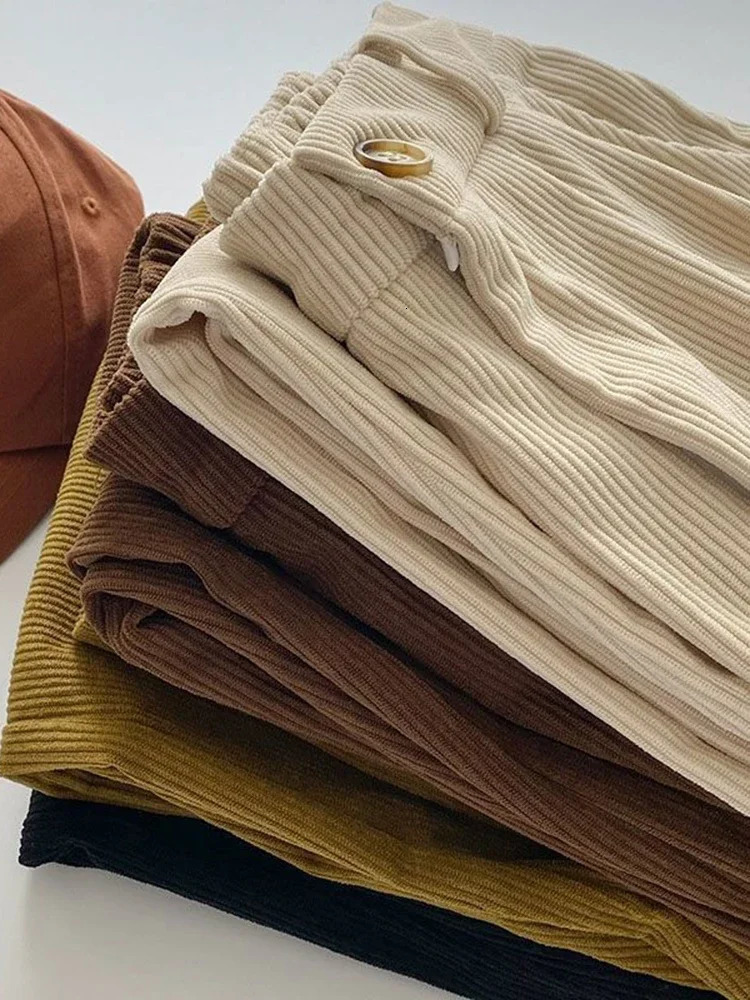 Vintage High Waist Corduroy Pant Spring Fall Straight Causal Full Length Trousers Korean Fashion All Match Black Pants 250113
