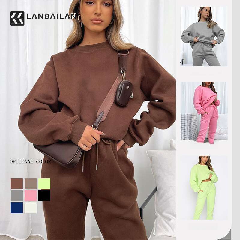 European American autumn and winter solid color round neck pullover pants women's fashion casual long sleeved sweatshirt set 2025 temperament ver