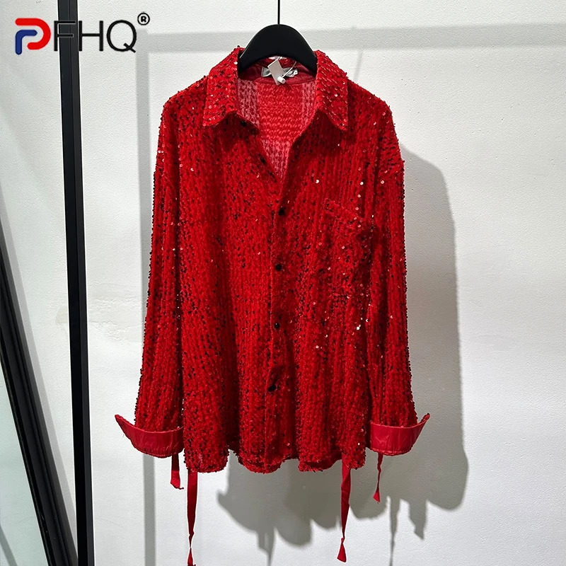 PFHQ Summer Glitter Mens Shirt Flip Collar Long Sleeve Single Chest Loose Mens Shirt Trend 21F3560 250110