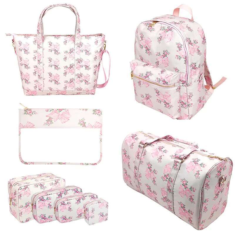 Pink Blue Printed Bow Cosmetic Toiletry Pouch Waterproof Storage Nylon Outdoor Makeup Bag Travel Backpack Lage Organizer