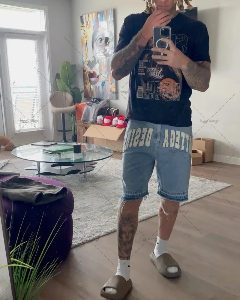 American street Harajuku retro denim shorts with letter embroidery oversized jeans mens Y2K loose casual short socks 250108