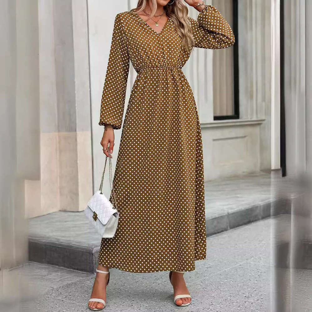 European American autumn women's V-neck waist cinched printed long sleeved dress, 2025 new style, chic and elegant clothing