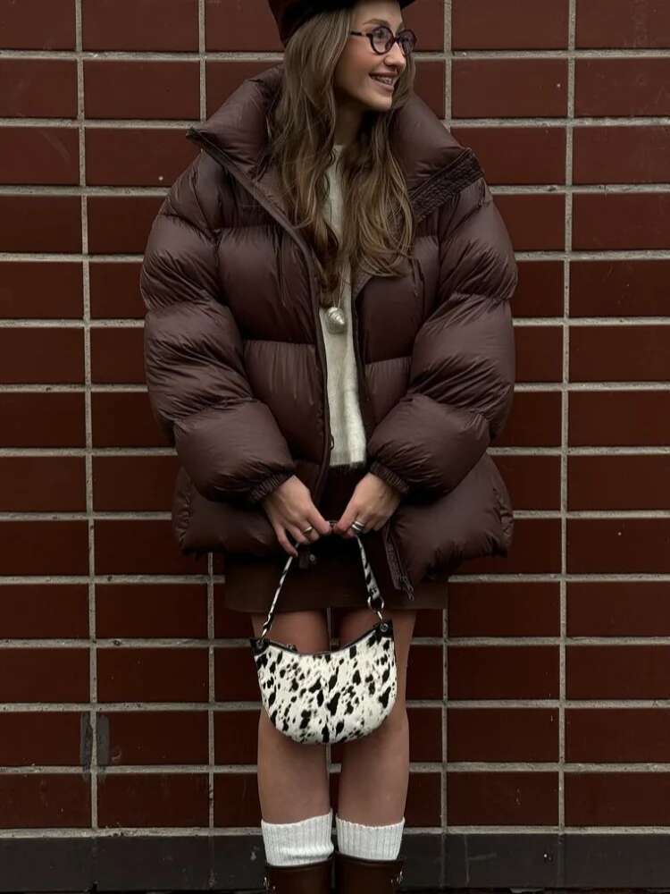 Fashion Winter Women Stand Collar Cotton Zipper Warm Coat Causal Solid Long Sleeve Short Jackets 2024 New Chic Commute Outerwear