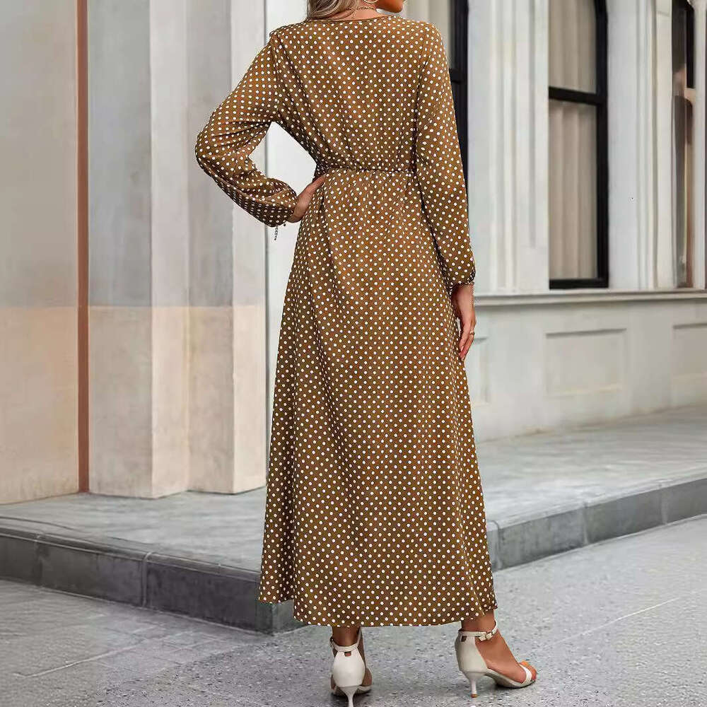 European American autumn women's V-neck waist cinched printed long sleeved dress, 2025 new style, chic and elegant clothing