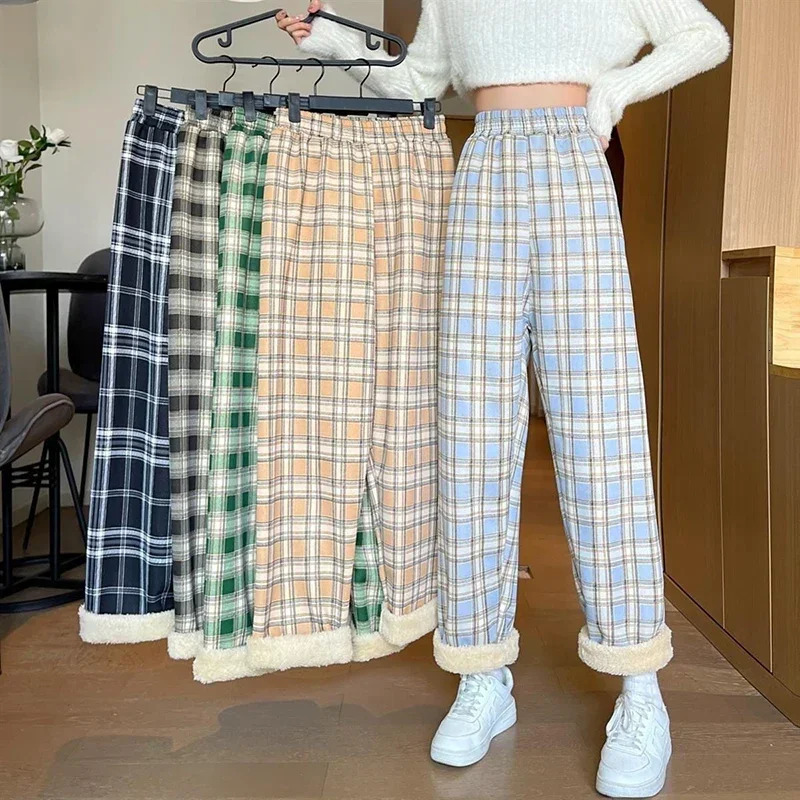 JMPRS Winter Thick Plaid Pant Korean Fashion Warm Loose Wide Leg Trousers Student Y2K Causal High Waist Pants Outwear 250113