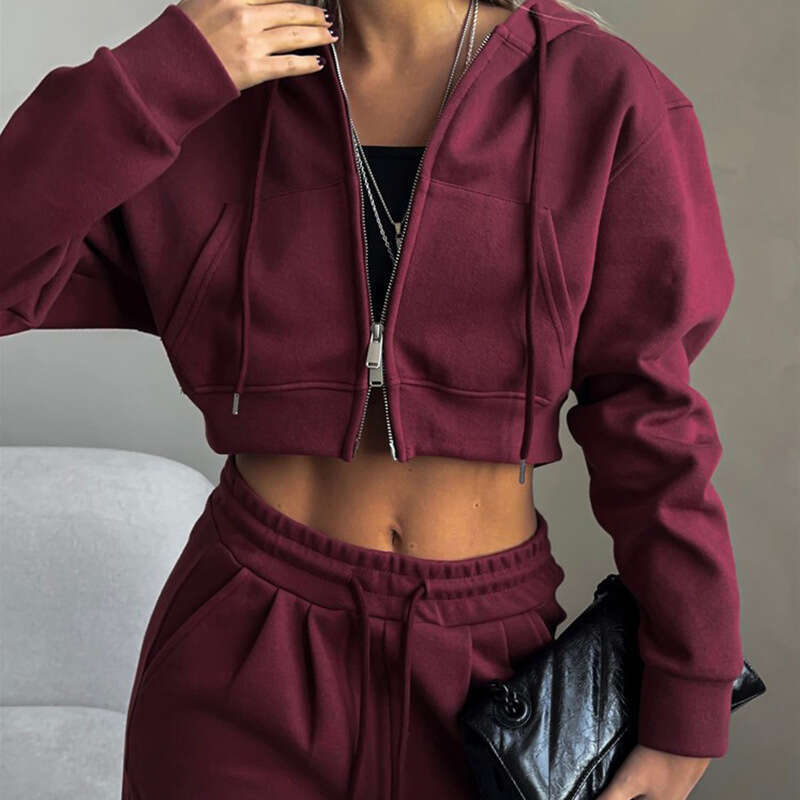 European and American autumn women's casual suit solid color short style exposed waist hooded cardigan lace up sports pants 2025 temperament vers
