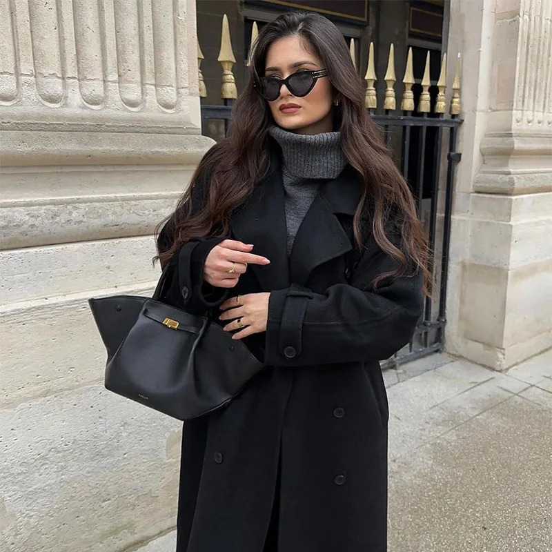 Street Long Trench Coat With Belt Women Black Loose Lapel Double Breasted Full Sleeve Overcoat Autumn Winter Lady Outwear 250118