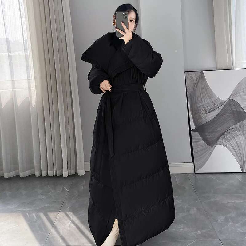 Winter New Fashionable Women Coat Long Large Lapel Slim Fit Lace Up Commuting White Duck Down Jacket