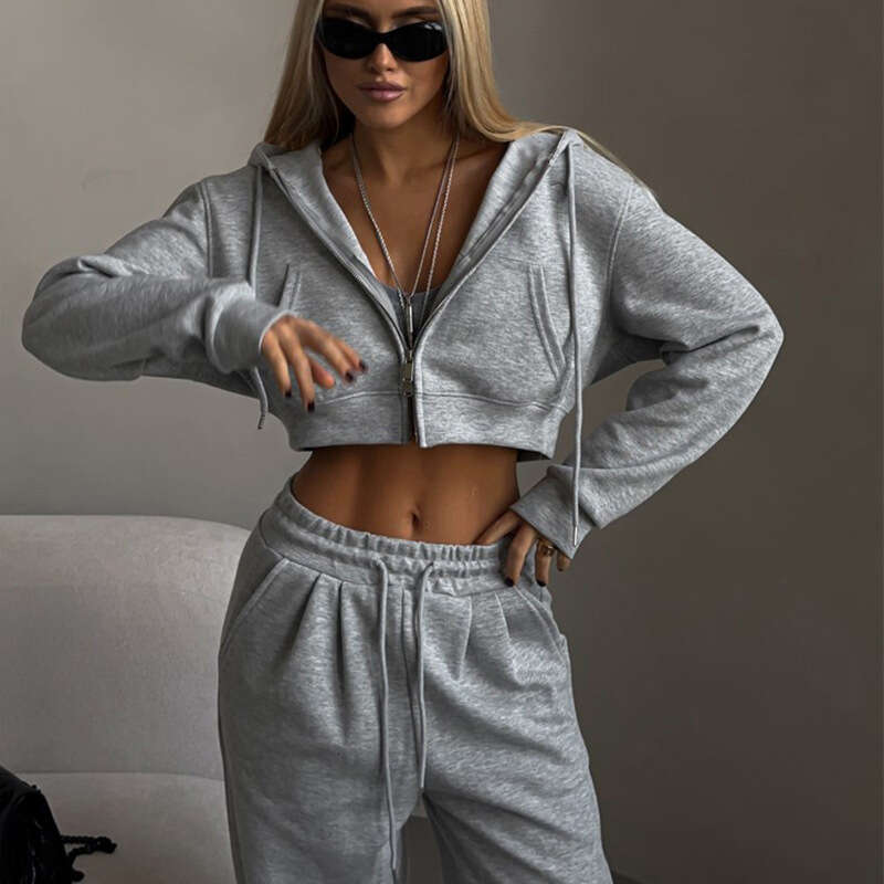 European and American autumn women's casual suit solid color short style exposed waist hooded cardigan lace up sports pants 2025 temperament vers