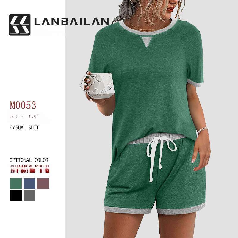2025 Spring/Summer European and American Women's Comfortable Color blocked T-shirt Top Shorts Two piece Set New Casual Versatile Fashion Clothing
