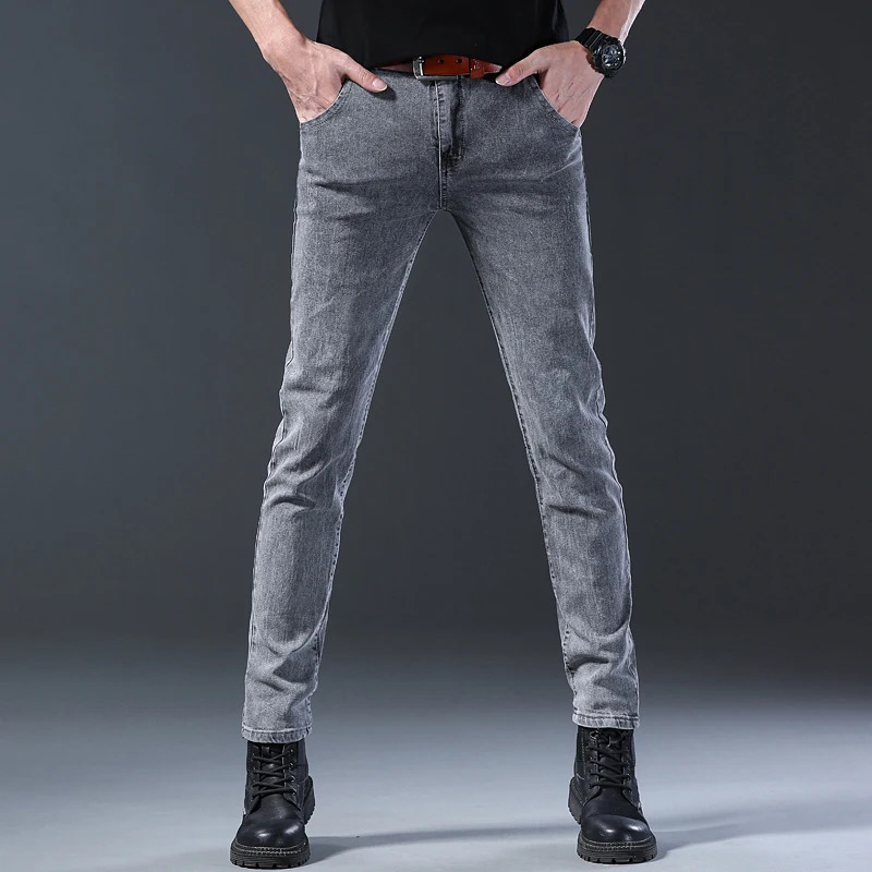 style jeans mens slim fit Korean style comfortable straight leg elastic gray mid waist pants mens casual denim pants 250116
