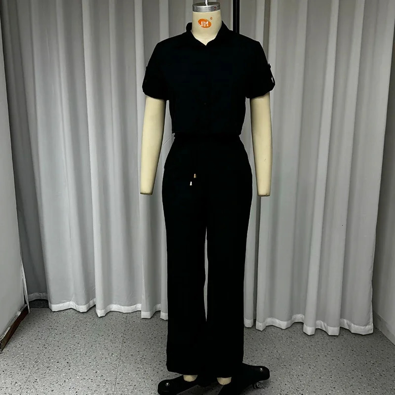 Wefads Two Piece Set Women Summer Casual Solid Lapel Single Breasted Button Short Sleeve Top With Belt Wide Legs Pants 250109