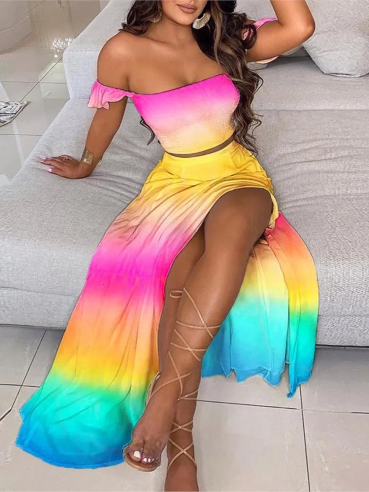 Color Print Skirt Two Piece Set Women One Line Neck Cropped Tube Top Slit Skirts Sets Casual Bohemian Beach Vacation Style Suit 250118