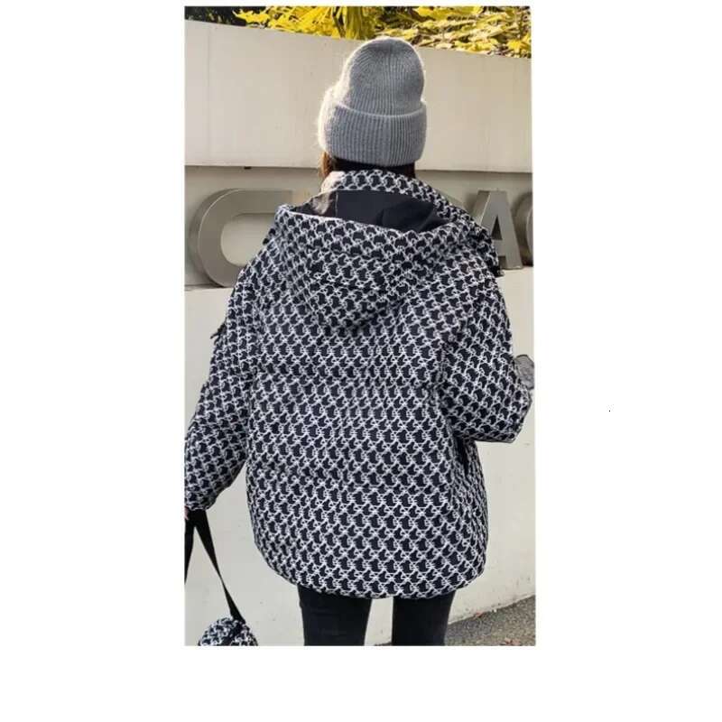 Women's Green Plaid Hooded Jacket, Spliced Outerwear, Zipper Parka, Casual Warm Puffer Coat, Female Fashion, Winter, New, 2024