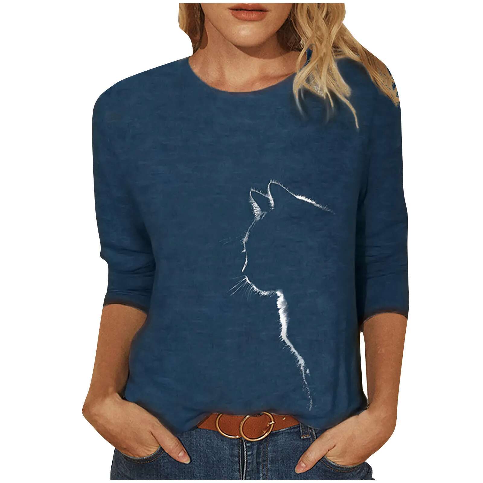 Autumn And Winter Loose Cat Print Casual Long Sleeved T-shirt Top Women's Shirt 2025 Women's Summer Top Designer T-shirt