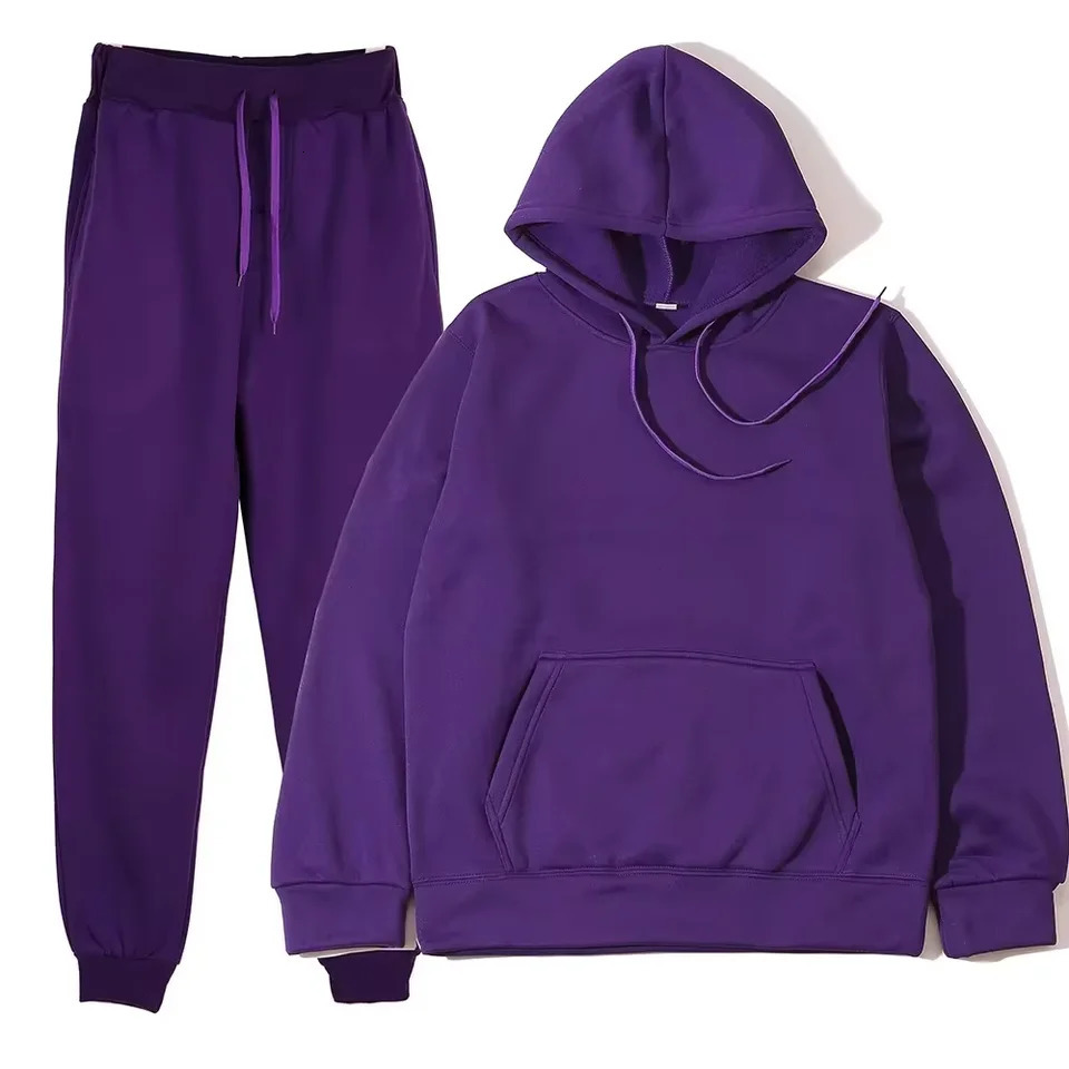 autumn and winter velvet warm hooded sweatpants mens and womens two-piece set solid color loose sports jogging set 250117