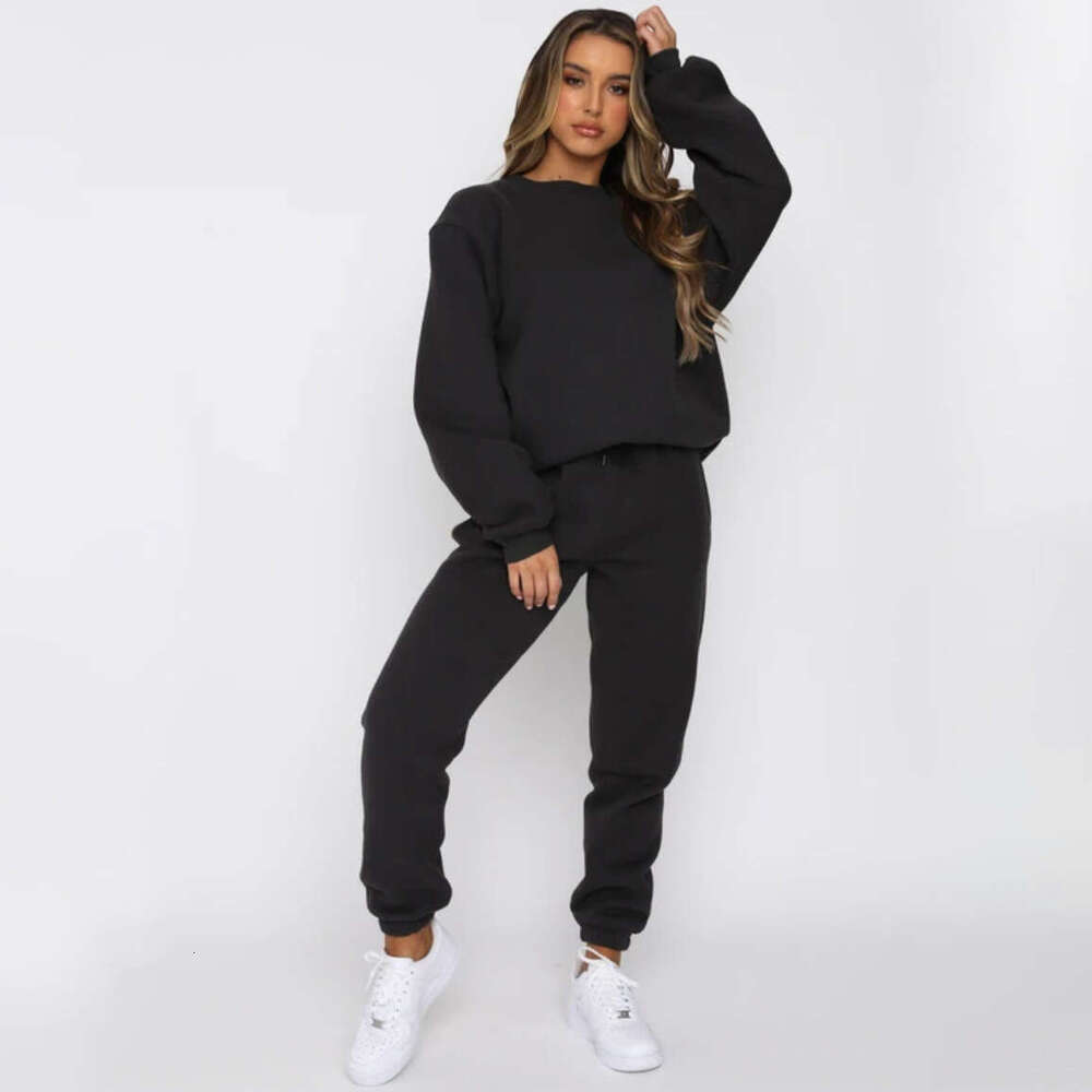 European American autumn and winter solid color round neck pullover pants women's fashion casual long sleeved sweatshirt set 2025 temperament ver