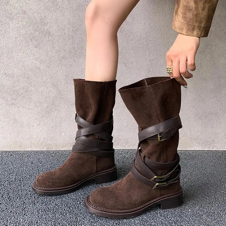 Pleated Buckle Knight Boots for Women Autumn Faux Suede Brown Midcalf Woman SlipOn Thick Heel Booties Botas De Mujer 250117