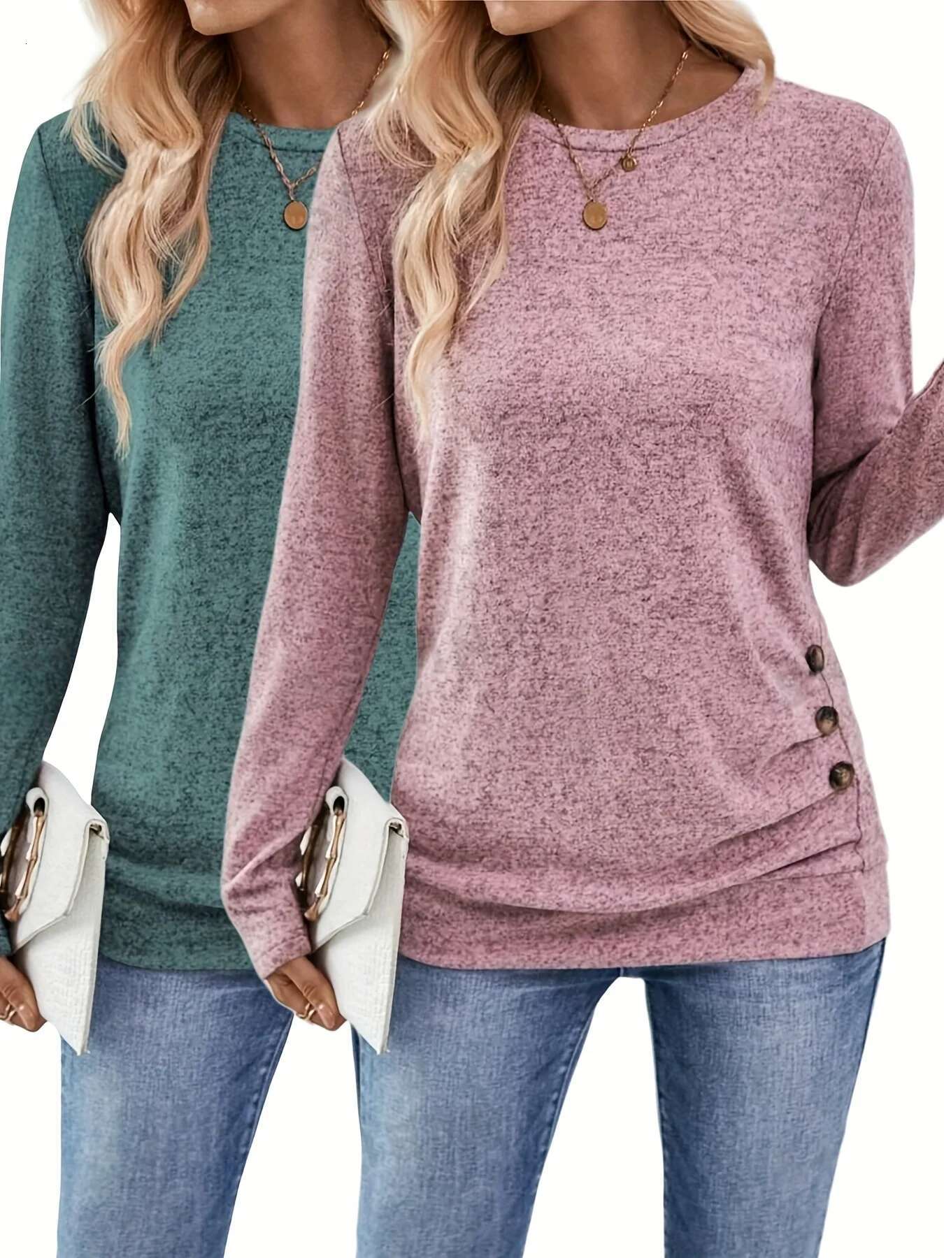 Button Decoration Ruffled T-shirt For Spring And Autumn Casual Long Sleeved Top Designer T-shirt For Women's Wear