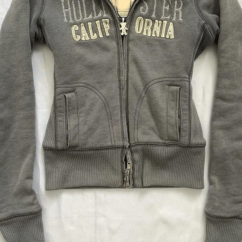 Retro Millennium Girl Style Slim Fit Washed Distressed Zipper Hooded Sweatshirt Womens American Cardigan Plush Jacket 250110