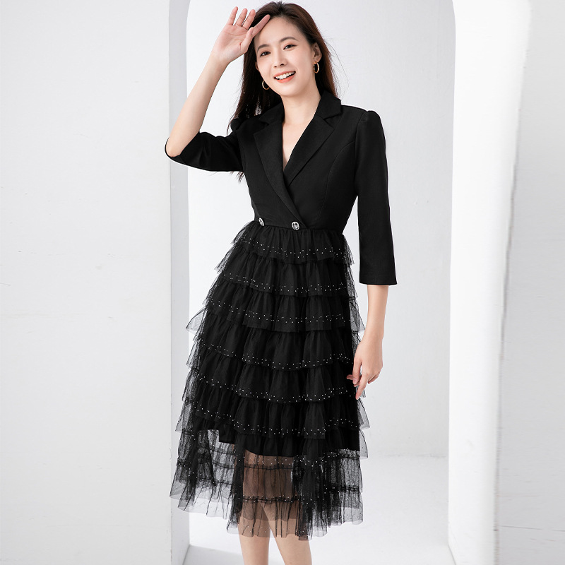 H1001 Mature slim dress black mesh cake skirt splicing suit dress temperament two pieces