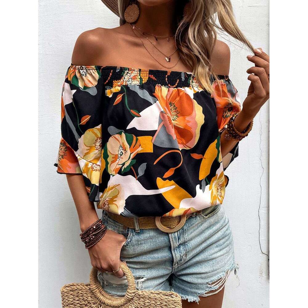 European American fashion hot summer collection with ral print one shoulder short sleeved women's ing 2025 new style chic and elegant clothing