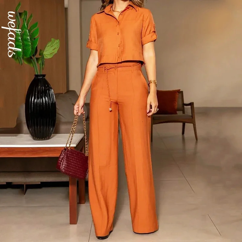 Wefads Two Piece Set Women Summer Casual Solid Lapel Single Breasted Button Short Sleeve Top With Belt Wide Legs Pants 250109