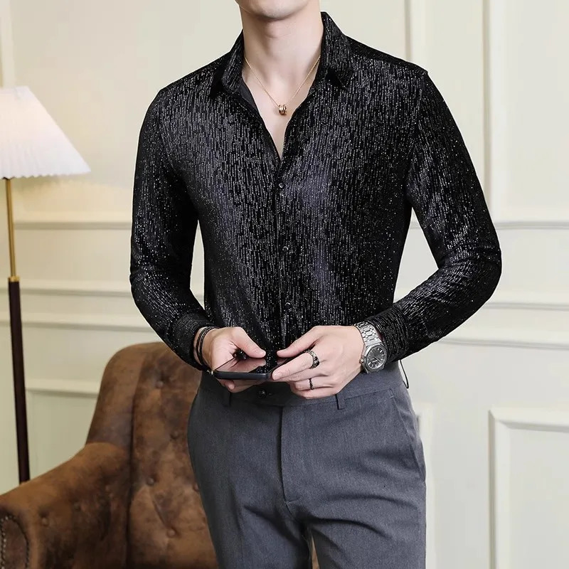 long sleeved velvet sequined shirt mens streetwear lapel social tailcoat shirt mens wedding club disco ultra-thin mens shirt 4XL-M 250110