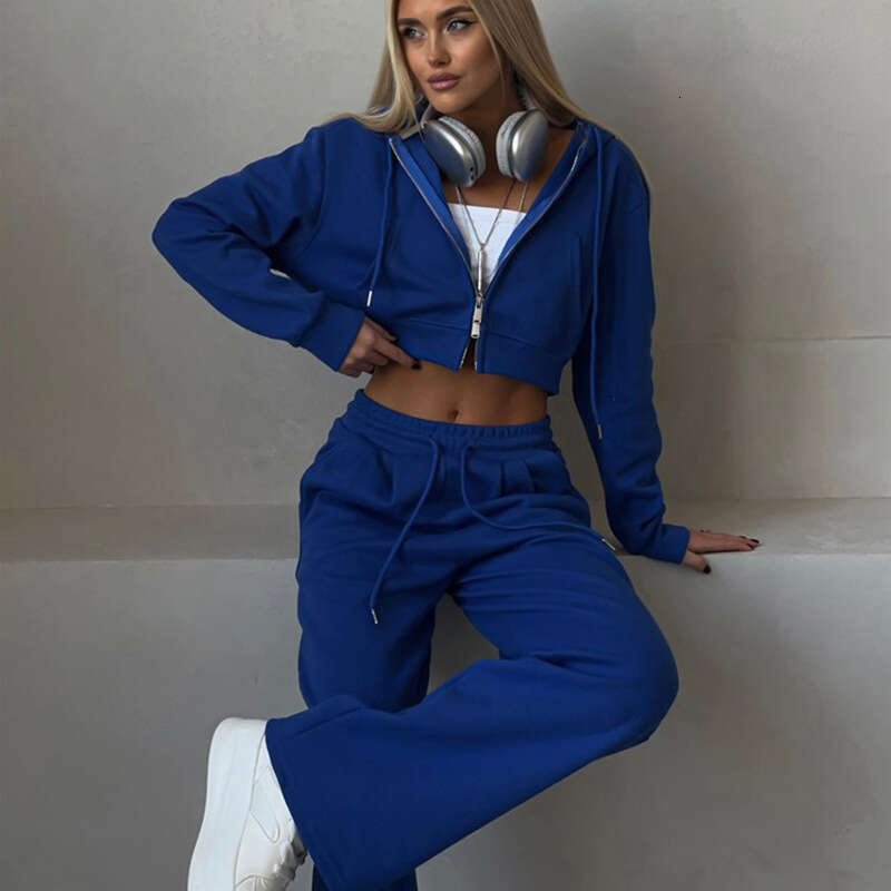 European and American autumn women's casual suit solid color short style exposed waist hooded cardigan lace up sports pants 2025 temperament vers