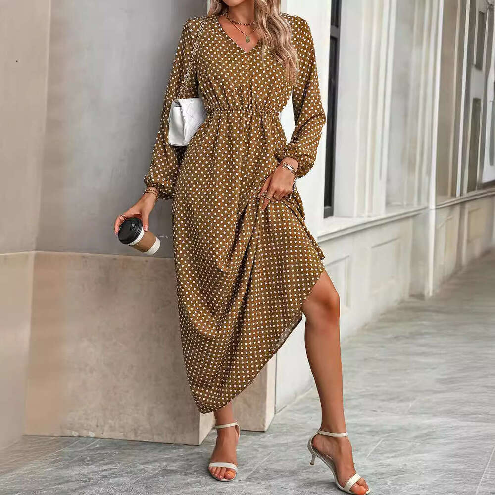 European American autumn women's V-neck waist cinched printed long sleeved dress, 2025 new style, chic and elegant clothing