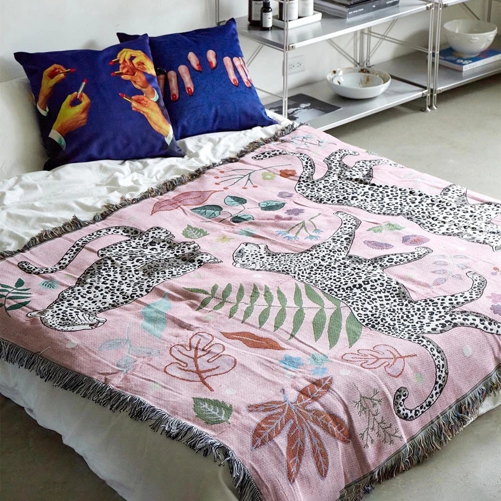 Beach Pink Blankets for Sofa Jacquard Leopard Blanket Knitted Throw Bedspread Cover Tapestry Home Decor 250118