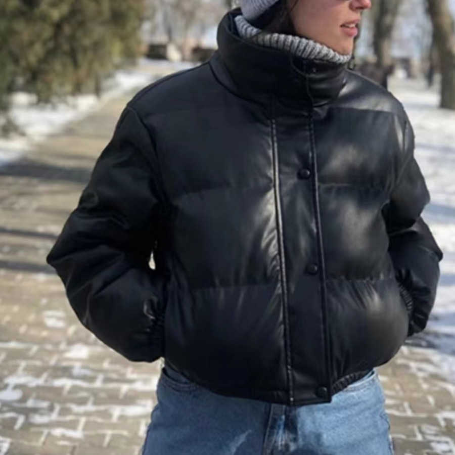 Winter New Style Pu Leather Cotton Coat Womens Standing Collar Short Warm Bread Coat Cotton Coat Locomotive Cool Girl Casual Women Jackets Coat Woman 
