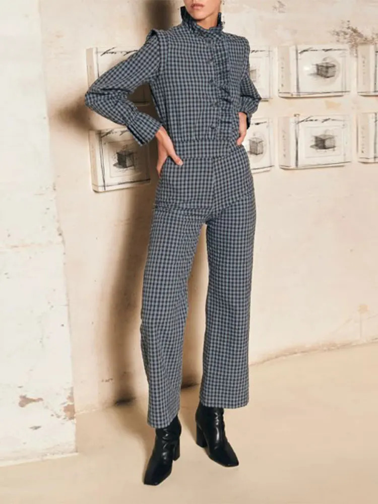 Vintage Plaid Ruffle Hem Button Jumpsuits Females Bevel Buckle Stand Neck Full Sleeve Top Suits Fashion Commute Wears 250107