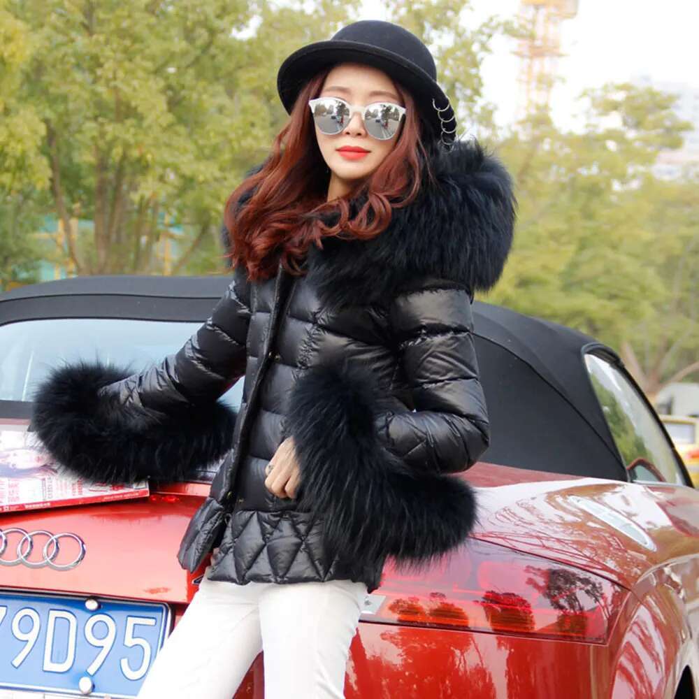 Jaxmonoy Winter Coat With Hood For Women Long Black Parka Real Raccoon Fur Collar And Cuffs Ladies White Duck Down Jackets