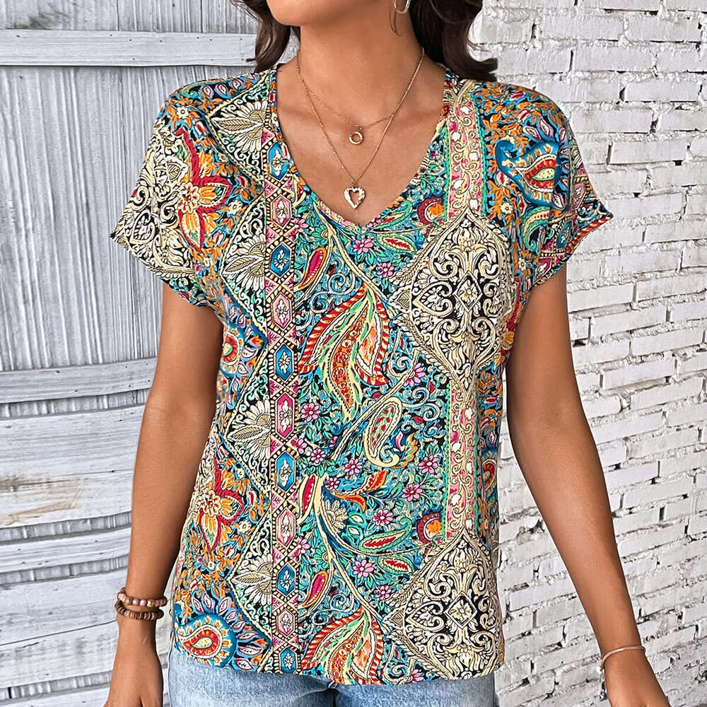European and American hot summer full width print retro women's top temperament versatile new trendy clothing ins