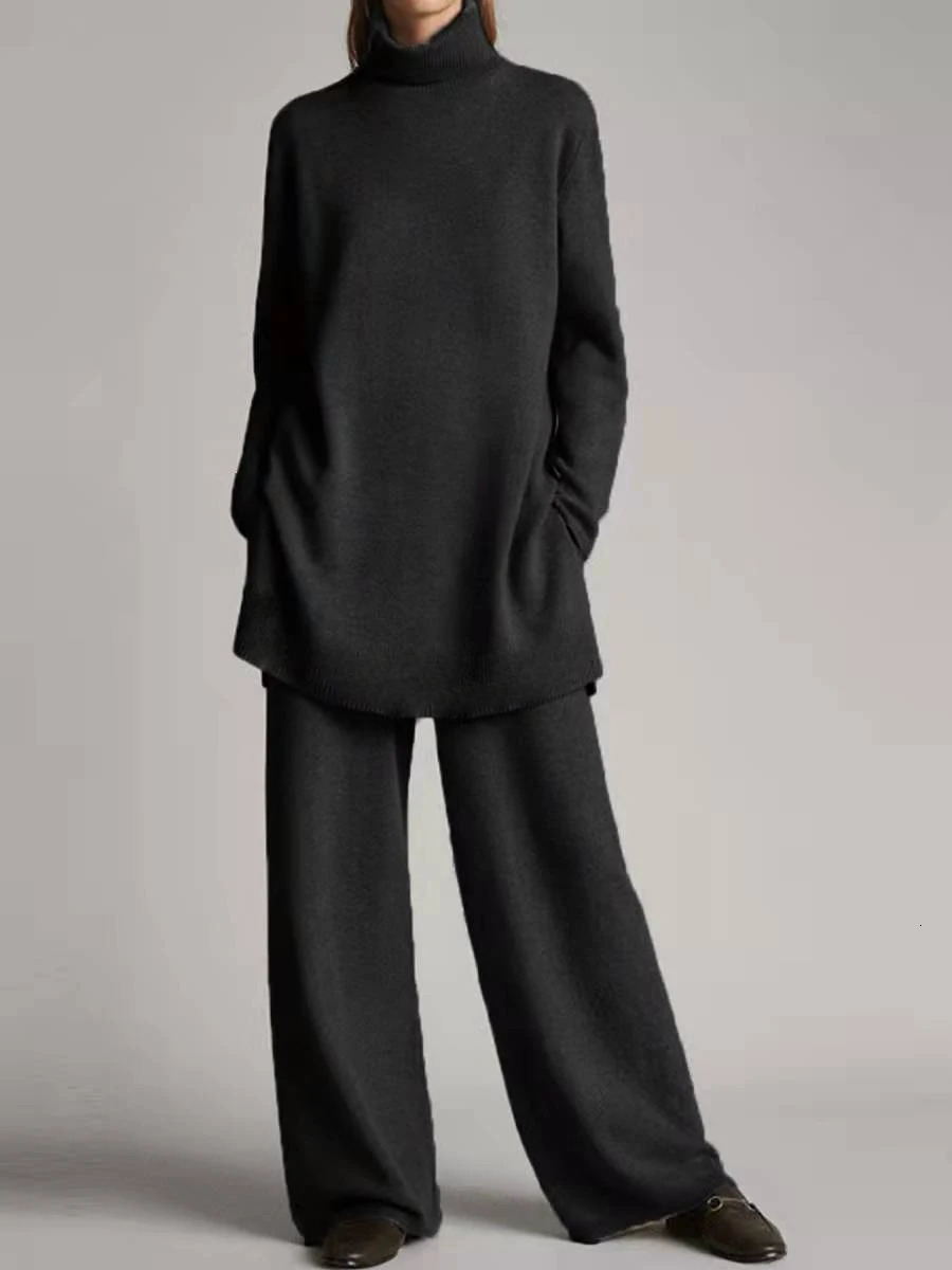 Thin spring Solid Color long Pants Set Loose Turtleneck Pullover Wide Legs Trousers Two Piece Female Casual Suit 250109