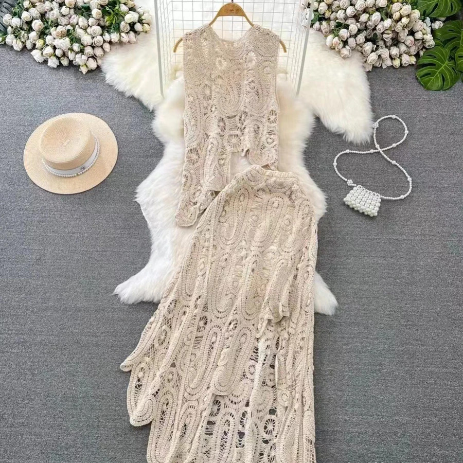Canwedance Hollow Out Two Pieces Dress Set Boho Crochet Elegant Outfits Summer Women Knitted Chic Dress Set Dresses 250118