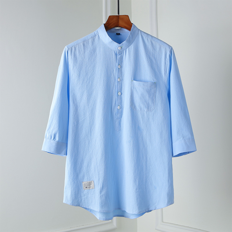 L65 Spring and summer new style stand-up collar pure cotton linen henley shirt three-quarter sleeve casual loose pullover T-shirt