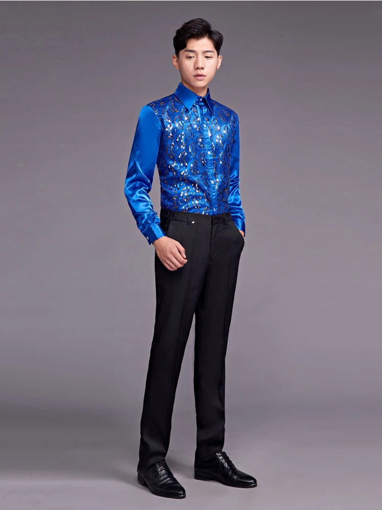Sparkling Royal Blue sequined satin mens dress long sleeved slim fit sparkling nightclub shirt mens party stage dance choir chemistry 250110