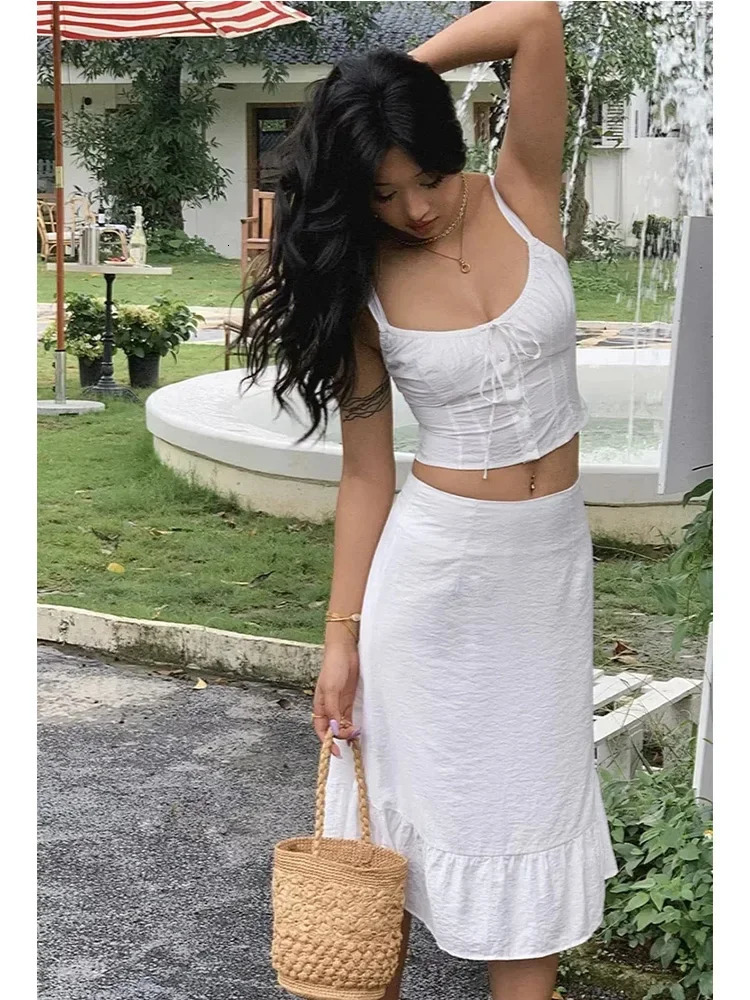 Foridol Lace Up White 2-piece Set Womens Summer Dress Set Beach Cotton Dress Set Midi Vestido Fashion Sundress 250110