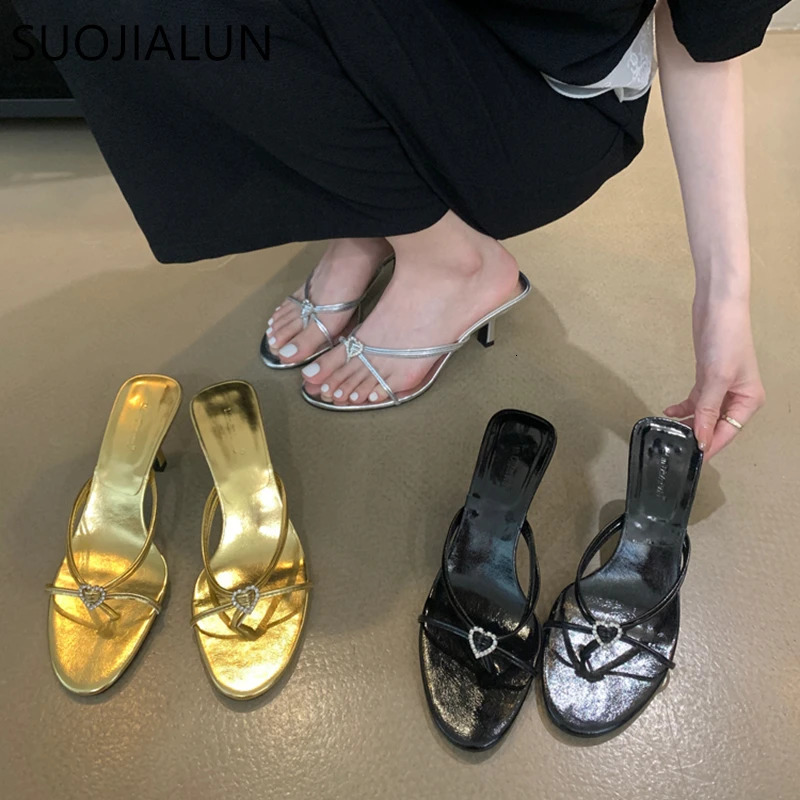 SUOJIALUN Summer Women Slipper Fashion Narrow Band Ladies Elegant Sandal Shoes Thin High Heel Dress Slip On Flip Flop 250113